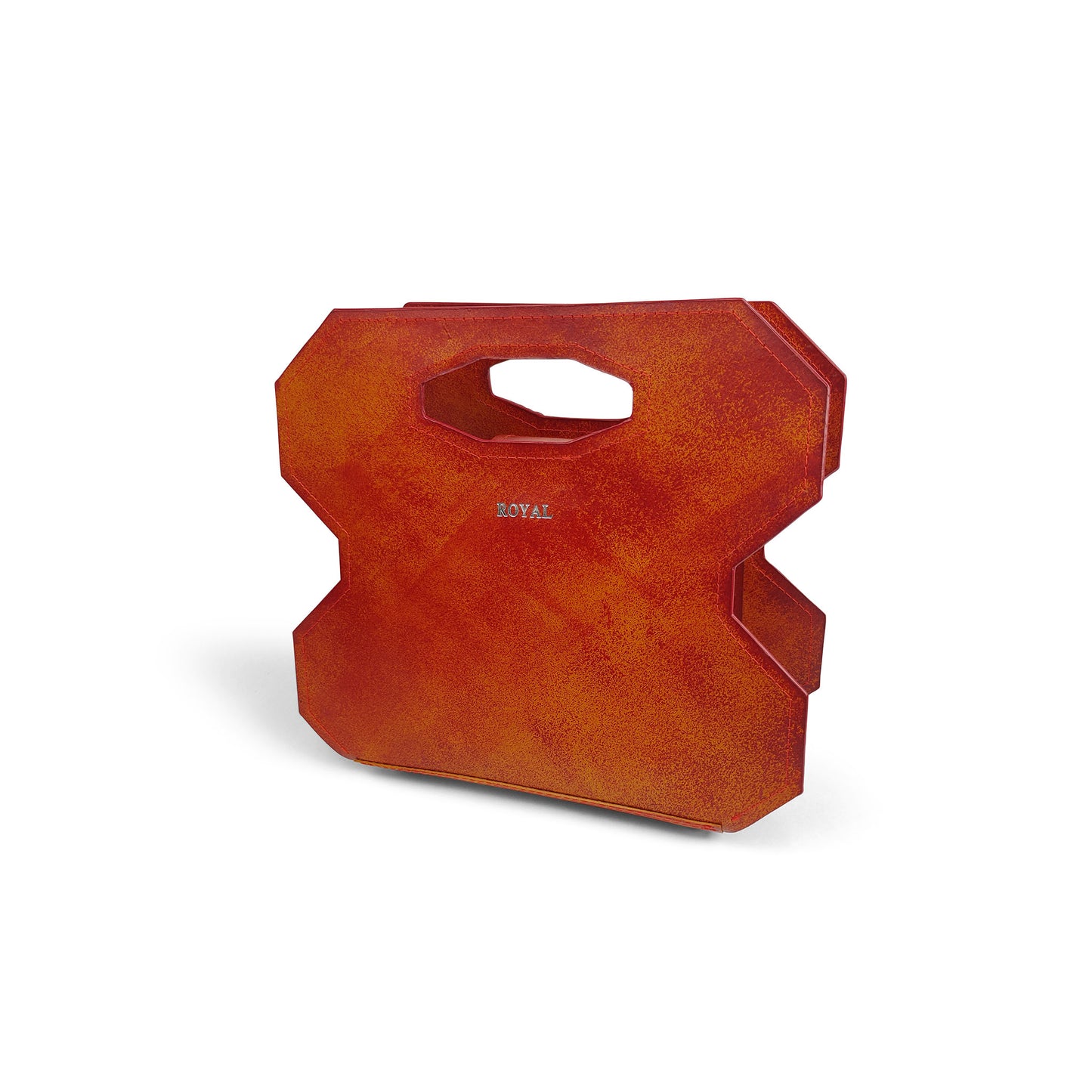 Hand‑painted full‑grain leather Miracle cut‑out handle bag handcrafted in red with artisan multi‑tone accents, shown in a profile view with its modern silhouette.
