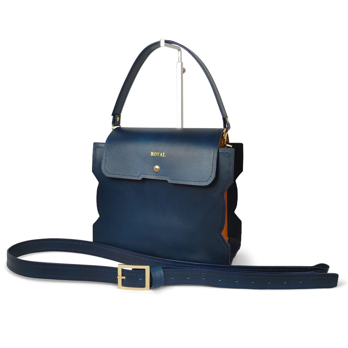 Hand‑painted full‑grain leather Bless shoulder bag satchel handcrafted in blue and orange color‑block with a top handle and strap in an elegant silhouette.