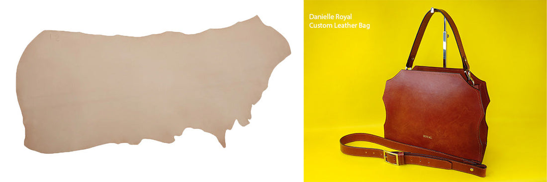 Full‑grain vegetable‑tanned leather with natural markings shown beside a Danielle Royal handcrafted handbag.