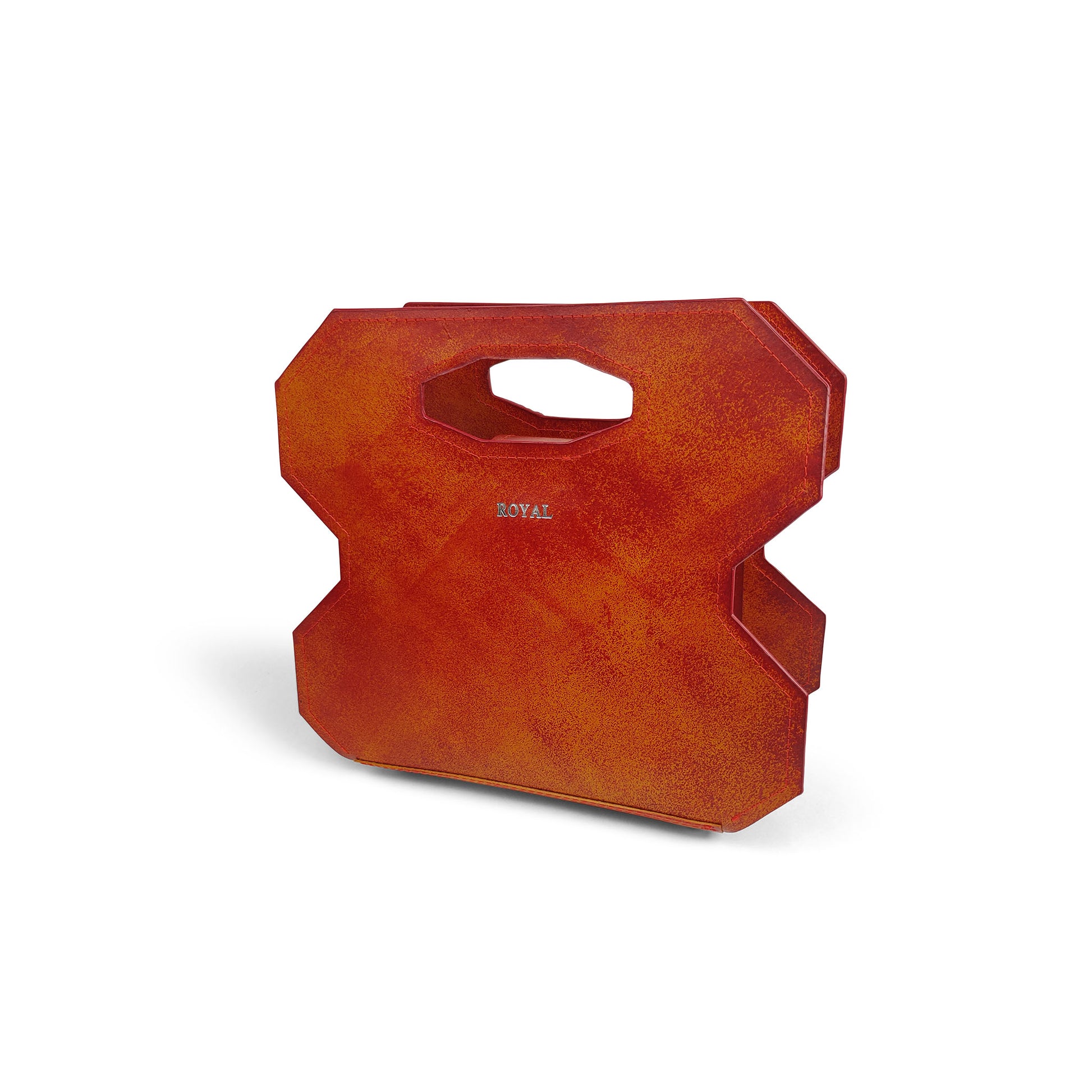 Hand‑painted full‑grain leather Miracle cut‑out handle bag handcrafted in red with artisan multi‑tone accents, shown in a profile view with its modern silhouette.  