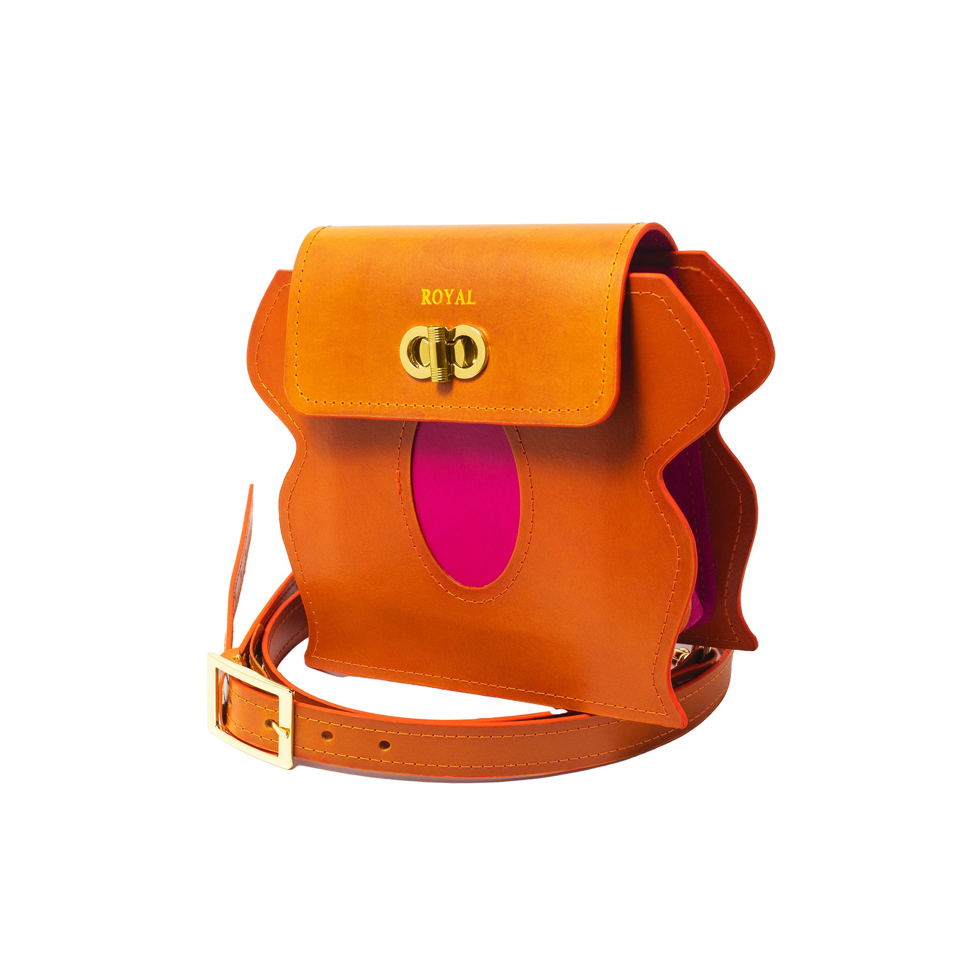 Hand‑painted full‑grain leather Love structured shoulder and crossbody bag handcrafted in orange with magenta accents, shown in a side view with its adjustable strap.  
