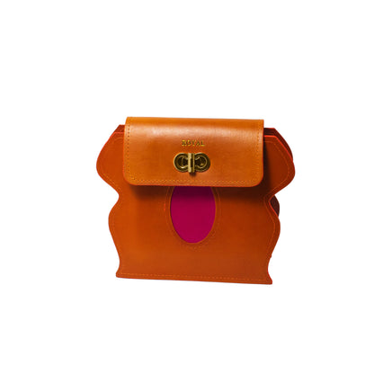 Hand‑painted full‑grain leather Love structured shoulder and crossbody bag handcrafted in orange with magenta accents, shown in a front view without the strap displaying its gold turn lock hardware.  