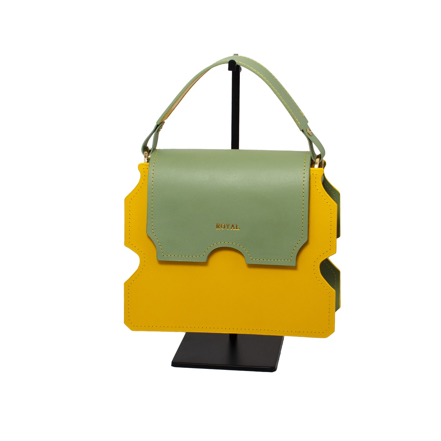 Hand-painted full-grain leather Faith shoulder bag handcrafted in yellow with a pastel mint green flap, shown in a front view highlighting its structured shape. 