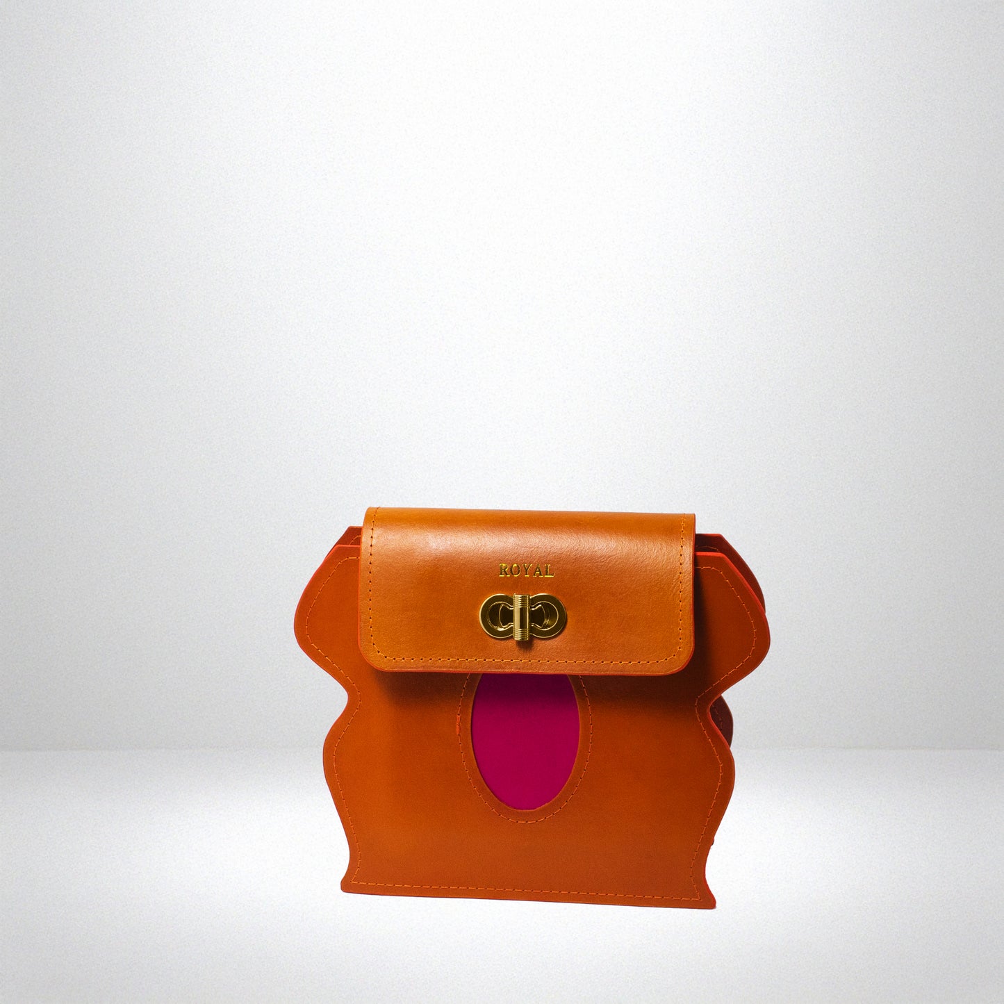 Hand‑painted full‑grain leather Love structured shoulder and crossbody bag handcrafted in orange with magenta accents, shown standing in a front view to highlight its sturdy form.  